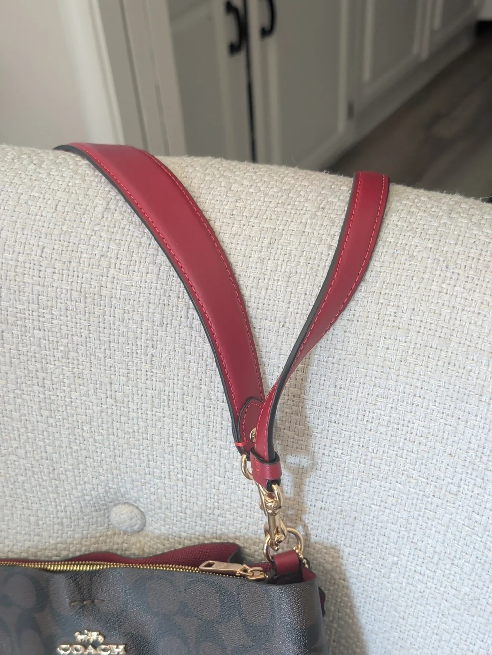 Coach Brown Signature Shoulder Bag with Red Strap